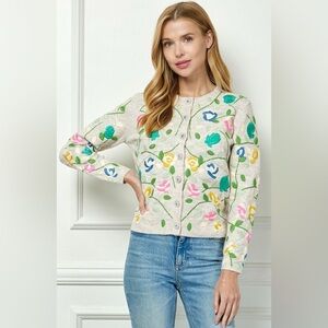 See And Be Seen Cream Floral Embroidered Knit Cardigan Sweater Sz M Boho Cottage